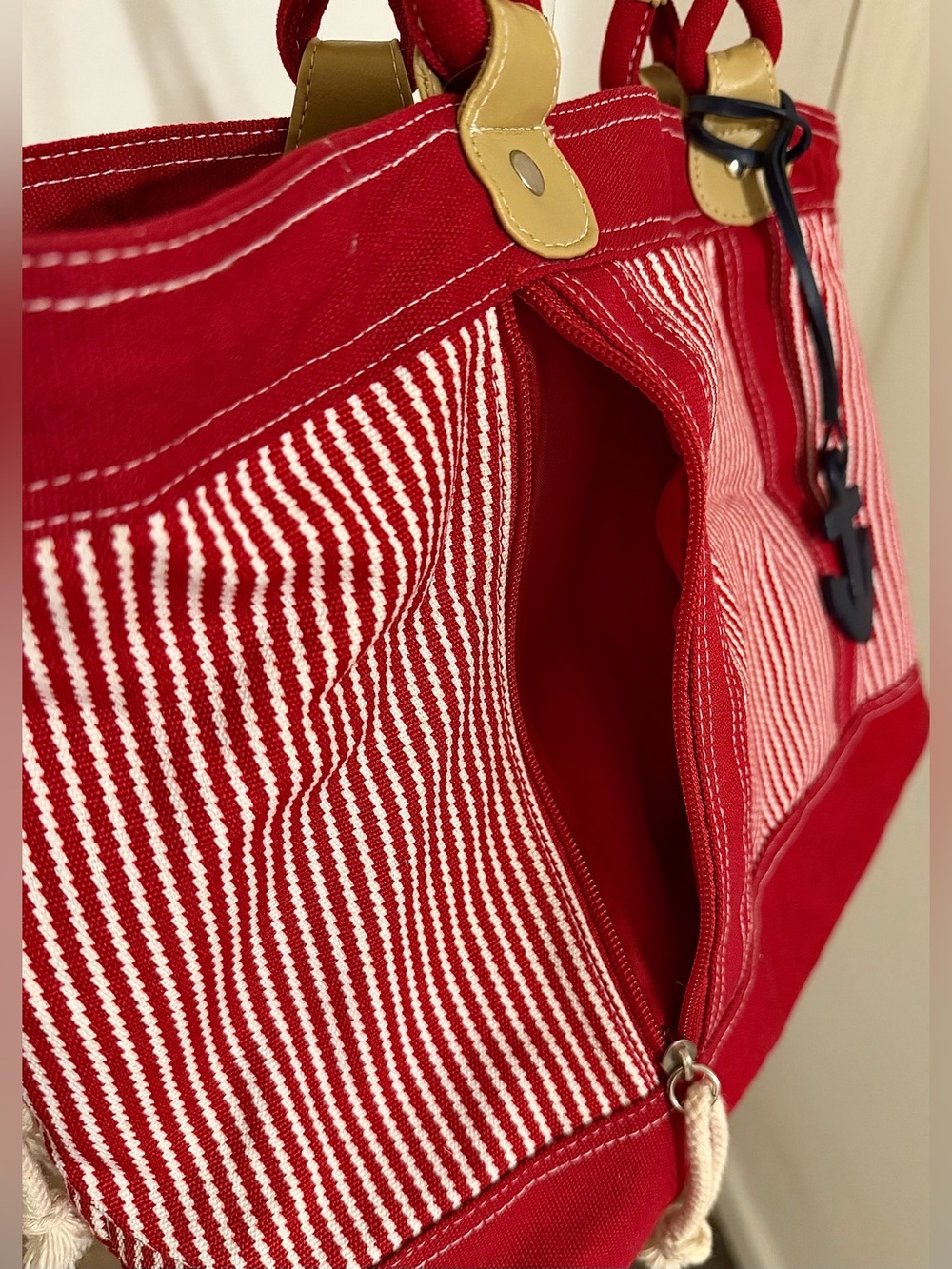 Large Red White Striped Nautical Canvas Tote Bag Anchor Charm Beach Bag - Picture 7 of 10